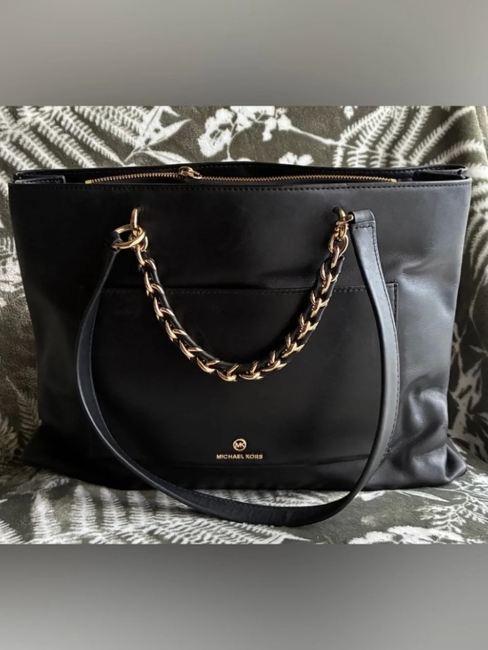 Michael Kors Black Leather Tote with Gold Chain Handles